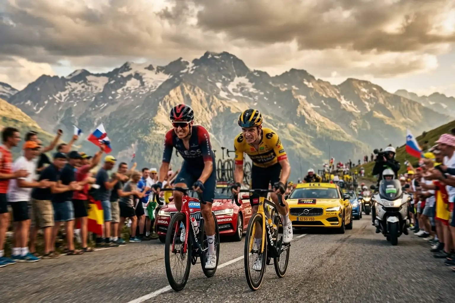 Ciclistas profesionales en ascension de montana durante el Tour de Francia con espectadores al borde de la carretera