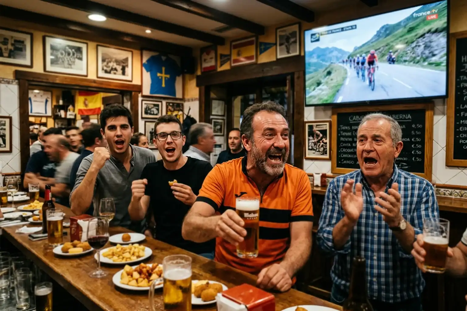 Aficionados al ciclismo viendo el Tour de Francia en television con cuotas en pantalla